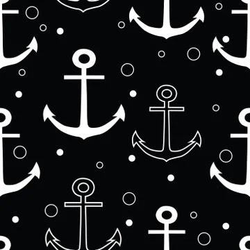 Vector white anchors repeat seamless pattern with circles on black background Stock Illustration