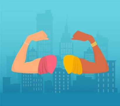 Vector of white and black hands flexing biceps Stock Illustration