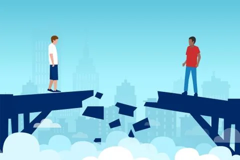 Vector of a white and black man divided by a broken bridge Stock Illustration