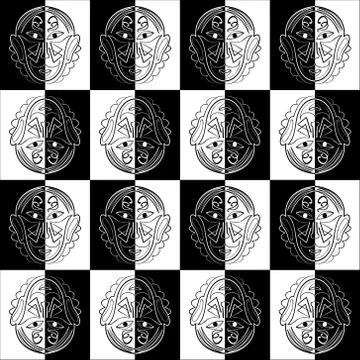 Vector white and black tile with mirror symmetric face mask ornament, seamles Stock Illustration