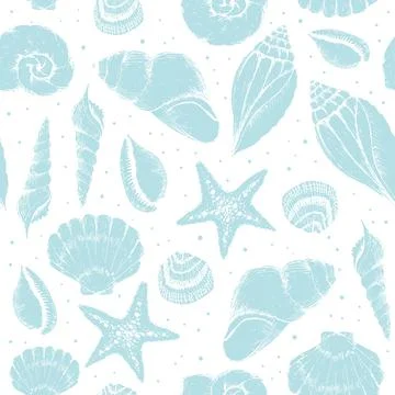 Vector white and blue seashells texture background seamless pattern print Stock Illustration