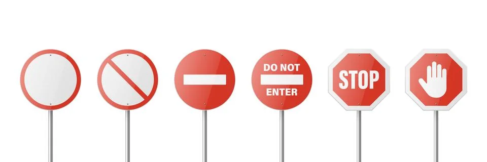 Vector White and Red Glossy Prohibition Stop Signs - Warning, Danger Sign Frame Illustration