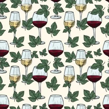 Vector white and red wine, grape vine leaves seamless pattern Illustrazione stock