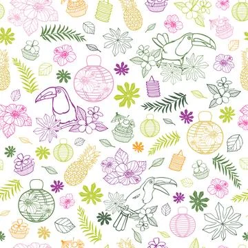Vector white background with colourful tropical birthday party elements seamless Stock Illustration