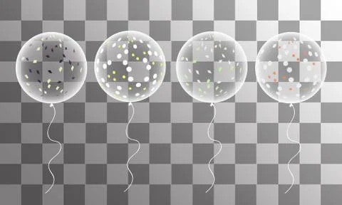 Vector white balloons with confetti on a transparent background Stock Illustration