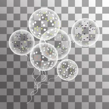 Vector white balloons with confetti on a transparent background Illustrazione stock