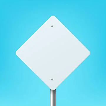 Vector White Blank Diamond Shaped Road Sign Frame Icon Closeup on Blue Illustration