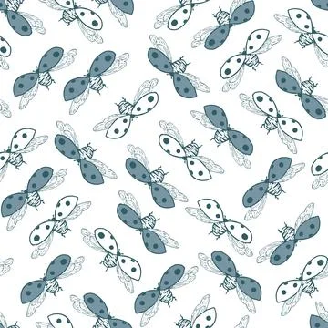 Vector white blue ladybug seamless pattern print background. Stock Illustration