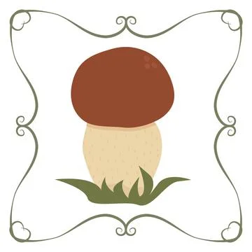 Vector white boletus mushroom in a frame of twisted linear elements Stock Illustration