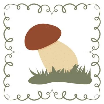 Vector white boletus mushroom in a frame of twisted linear green elements Illustrazione stock