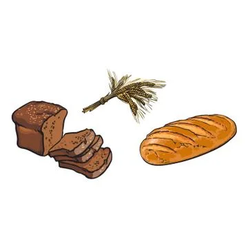 Vector white, brown sliced bread, wheat ears set Illustrazione stock