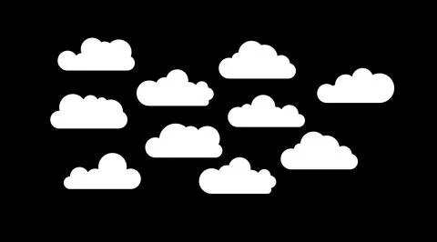 Vector white cartoon flat shape clouds set isolated on a black background. Ab 스톡 일러스트