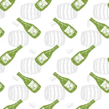 Vector white celebration simple wine bottle and barrel sketch seamless patter Stock Illustration