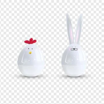 Vector white ceramic Easter bunny and chicken. Decorative realistic object for Stock Illustration