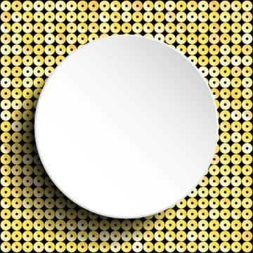 Vector white circle button on shiny gold sequins. Stock Illustration