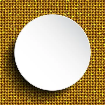 Vector white circle button on shiny gold sequins. Stock Illustration