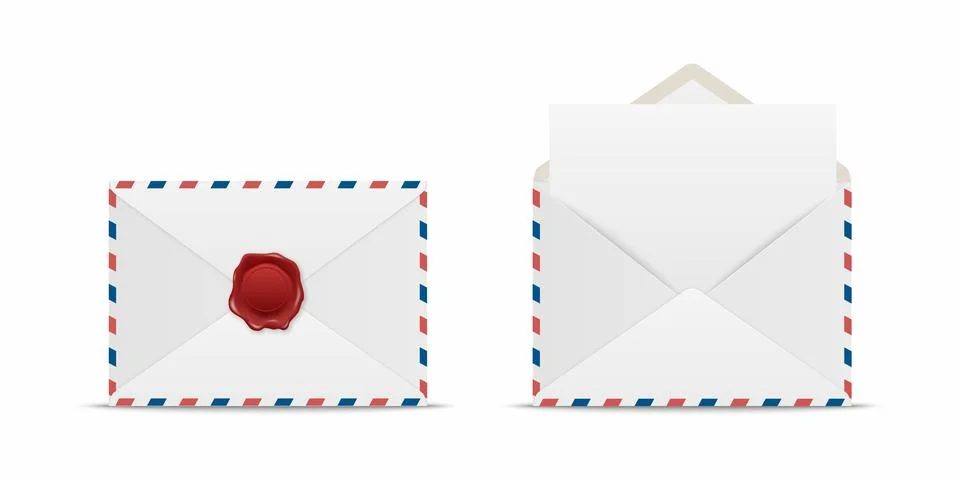 Vector White Closed and Opened Paper Envelope with Red Wax Seal and Blank Paper Stock Illustration