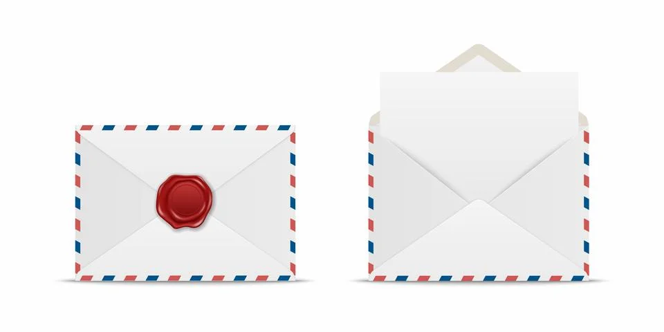 Vector White Closed and Opened Paper Envelope with Red Wax Seal and Blank Paper Stock Illustration