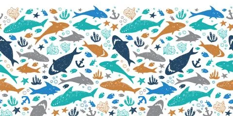 Vector white colourful cute shark pen sketch horizontal border pattern. Per.. Stock Illustration