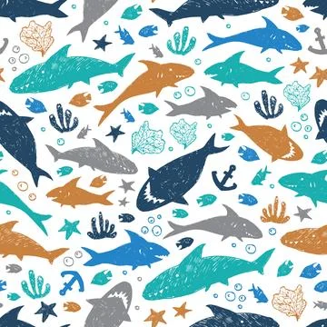 Vector white colourful cute shark pen sketch repeat pattern. Perfect for fabr 스톡 일러스트