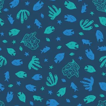 Vector white coral reef fish pen sketch repeat pattern. Perfect for fabric, s Stock Illustration