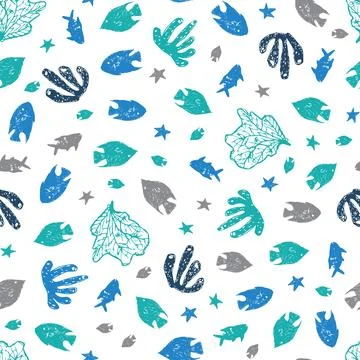 Vector white coral reef fish pen sketch repeat pattern. Perfect for fabric, s Stock Illustration