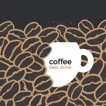 Vector white cup of coffee symbol Fresh shape of coffee bean, grain on black  Illustrazione stock