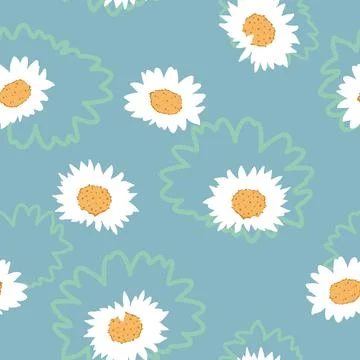 Vector White Daisies with ZigZag Floral Shapes seamless pattern background. P Stock Illustration