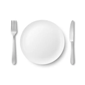 Vector White Empty Plate with Fork and Knife. Table Setting Top View. Minimal Illustrazione stock