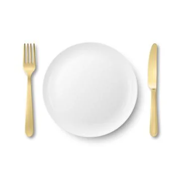 Vector White Empty Plate with Fork and Knife. Table Setting Top View. Minimal Stock Illustration