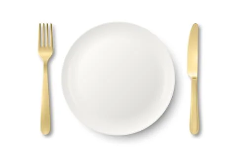 Vector White Empty Plate with Fork and Knife. Table Setting Top View. Minimal Illustrazione stock