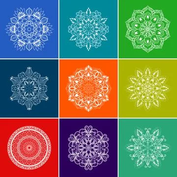 Vector White Floral Mandala Set over Color Background Stock Illustration