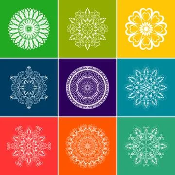 Vector White Floral Mandala Set over Color Background Stock Illustration
