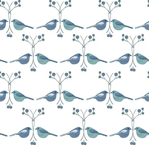 Vector white geometric birds berries seamless pattern background. Stock Illustration