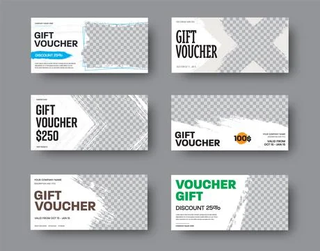 Vector white gift voucher templates with grunge elements and place for photo. Illustrazione stock