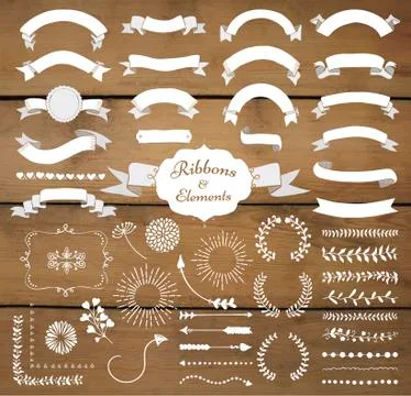 Vector White Hand Drawn Design Elements and Ribbon Set Stock Illustration