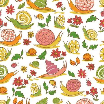 Vector white hand drawn snails and flowers repeat pattern. Suitable for gif.. Stock Illustration