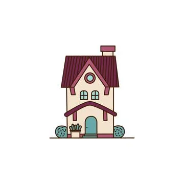 Vector white house with flue icon. Vector house with Bushes and blue door icon Stock Illustration