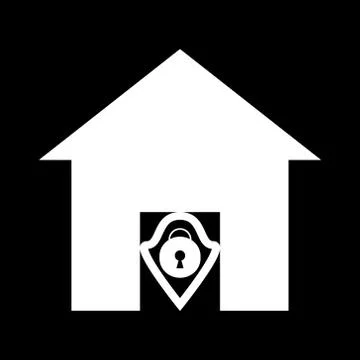 Vector white house icon with shield and door lock Stock Illustration