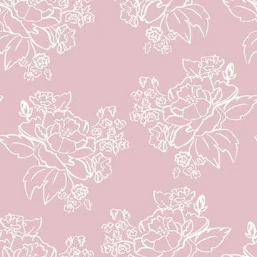 Vector White Ink Brushed Roses on Old Rose Pink seamless pattern background Stock Illustration