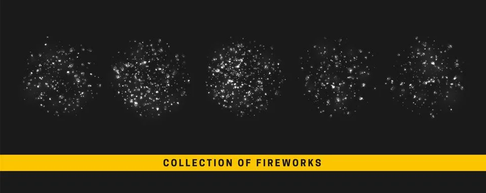 Vector white light effect. Set festive fireworks isolated on black background Ilustración de archivo