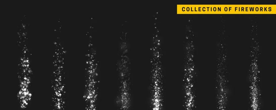 Vector white light effect. Set festive fireworks isolated on black background Ilustración de archivo