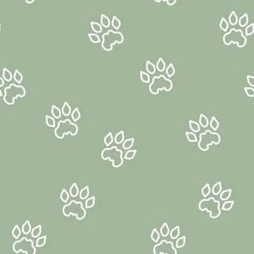 Vector White Lion Paw Line art on Sage Green seamless pattern background Stock Illustration