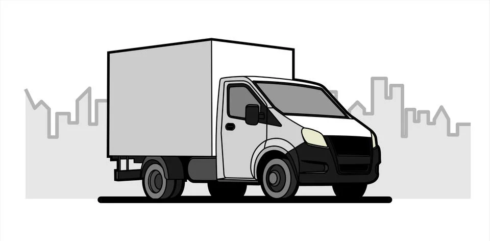 Vector White Lorry On The Background Of The City, The Contour Of The Building Stock Illustration