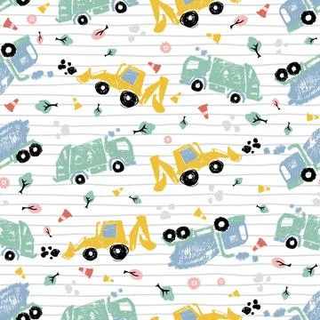 Vector white pen skech doodle cute tilted cement trucks transport vehicles se Stock Illustration