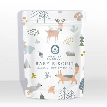 Vector White Pouch or Sachet Packaging Mockup with Animals Pattern Printed Stock Illustration