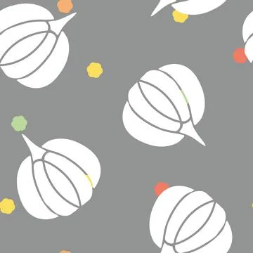 Vector White Pumpkins with Cute Confetti Daisies on Gray seamless pattern Stock Illustration