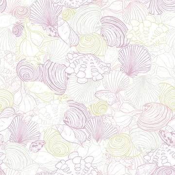Vector white repeat pattern with variety of overlaping seashells. Romantic pi Illustrazione stock