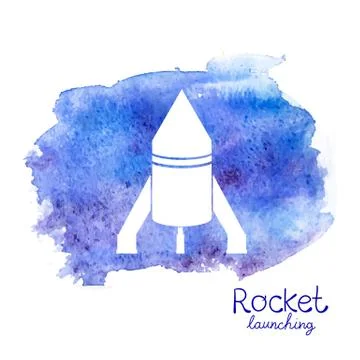Vector white rocket icon on watercolor background Stock Illustration