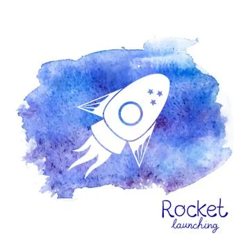 Vector white rocket icon on watercolor background Stock Illustration